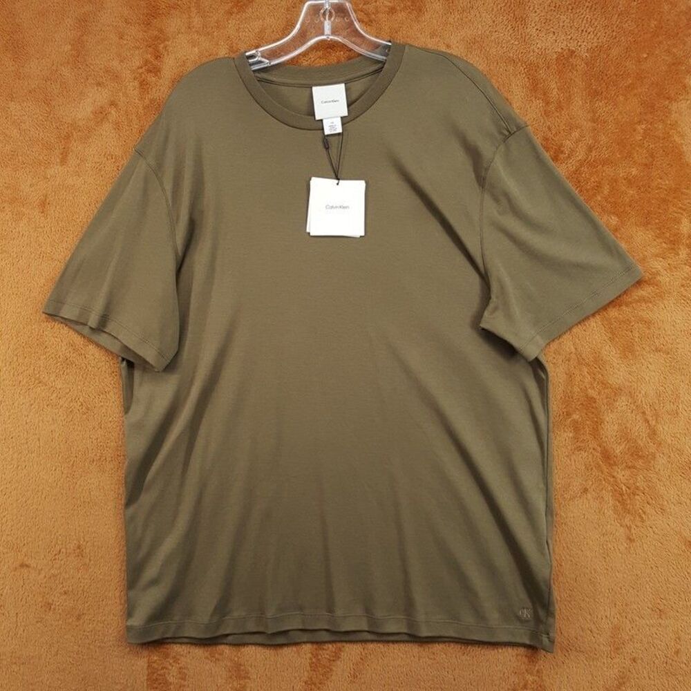 CALVIN KLEIN Shirt Mens Large Green Pullover Crew Logo 100% Supima Cotton Soft
